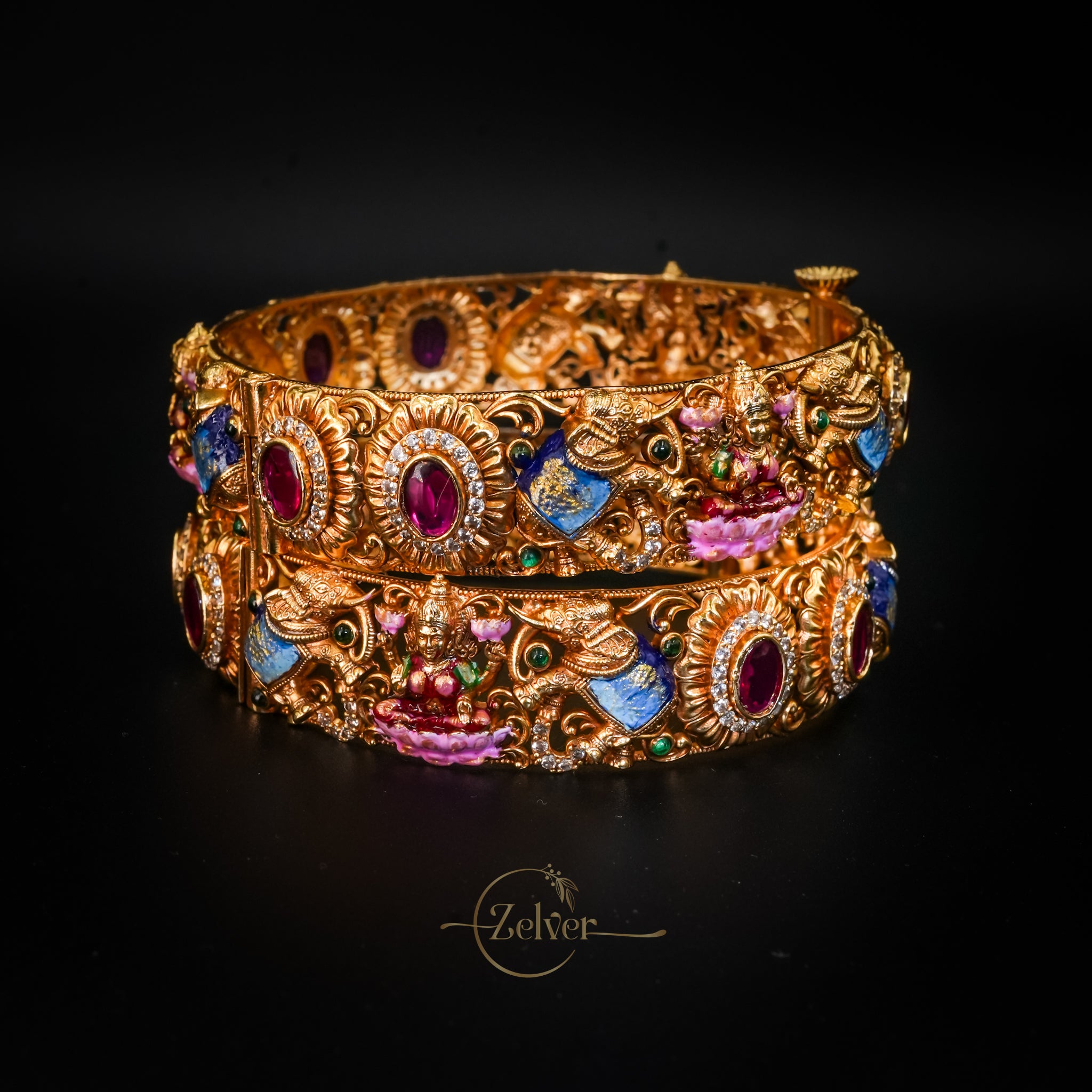 Antique Gold-Plated Lakshmi Motif Kada with Ruby & Sapphire Stone Work — Pair