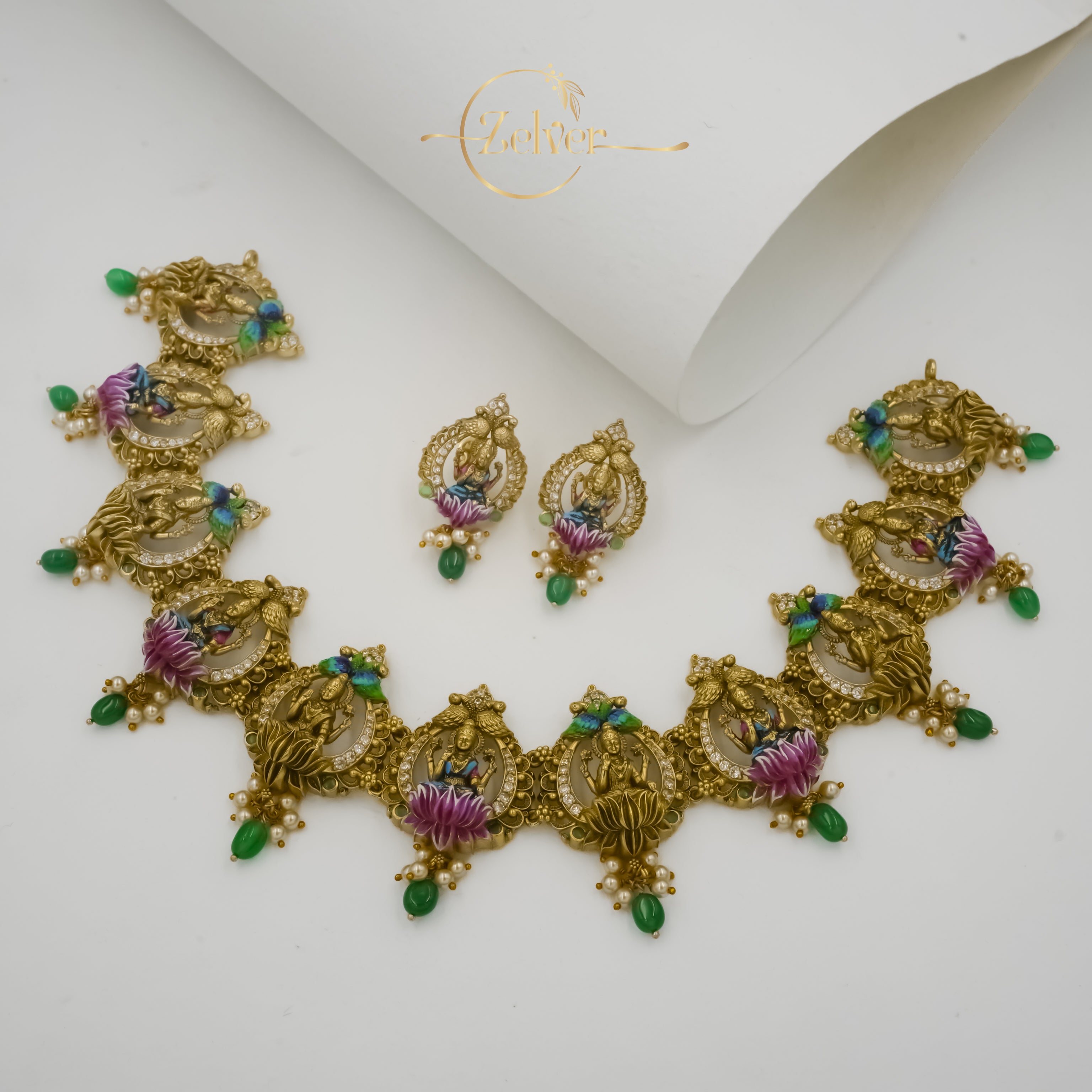Zelver Shubha Lakshmi Peacock Lotus Necklace Set