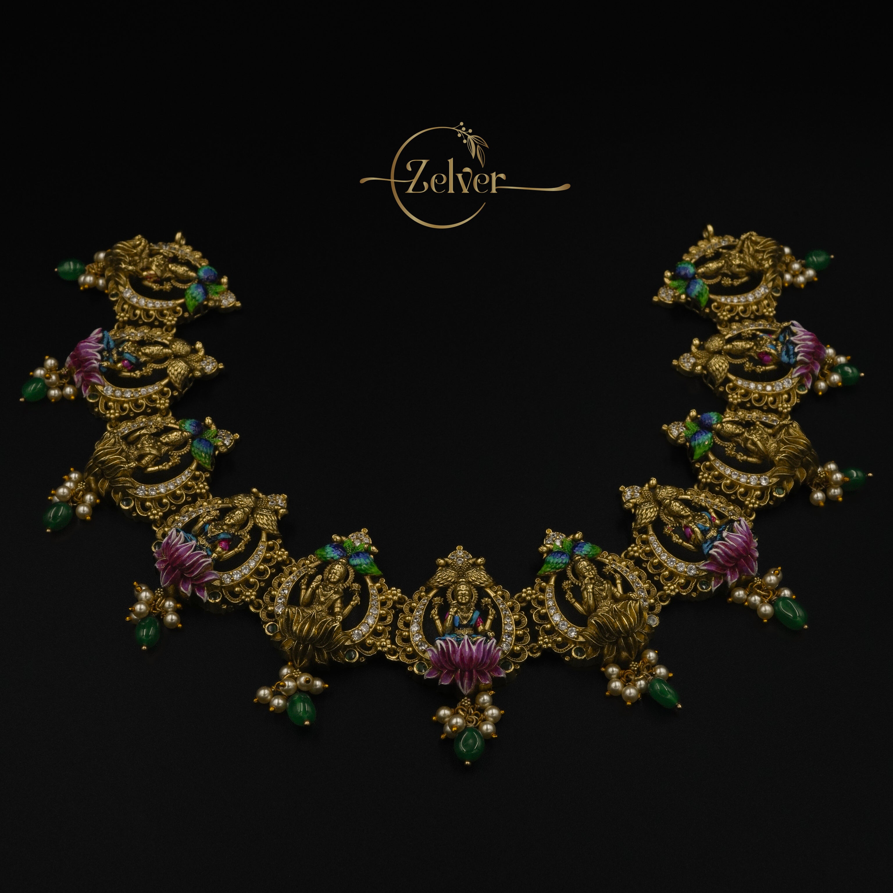 Zelver Shubha Lakshmi Peacock Lotus Necklace Set