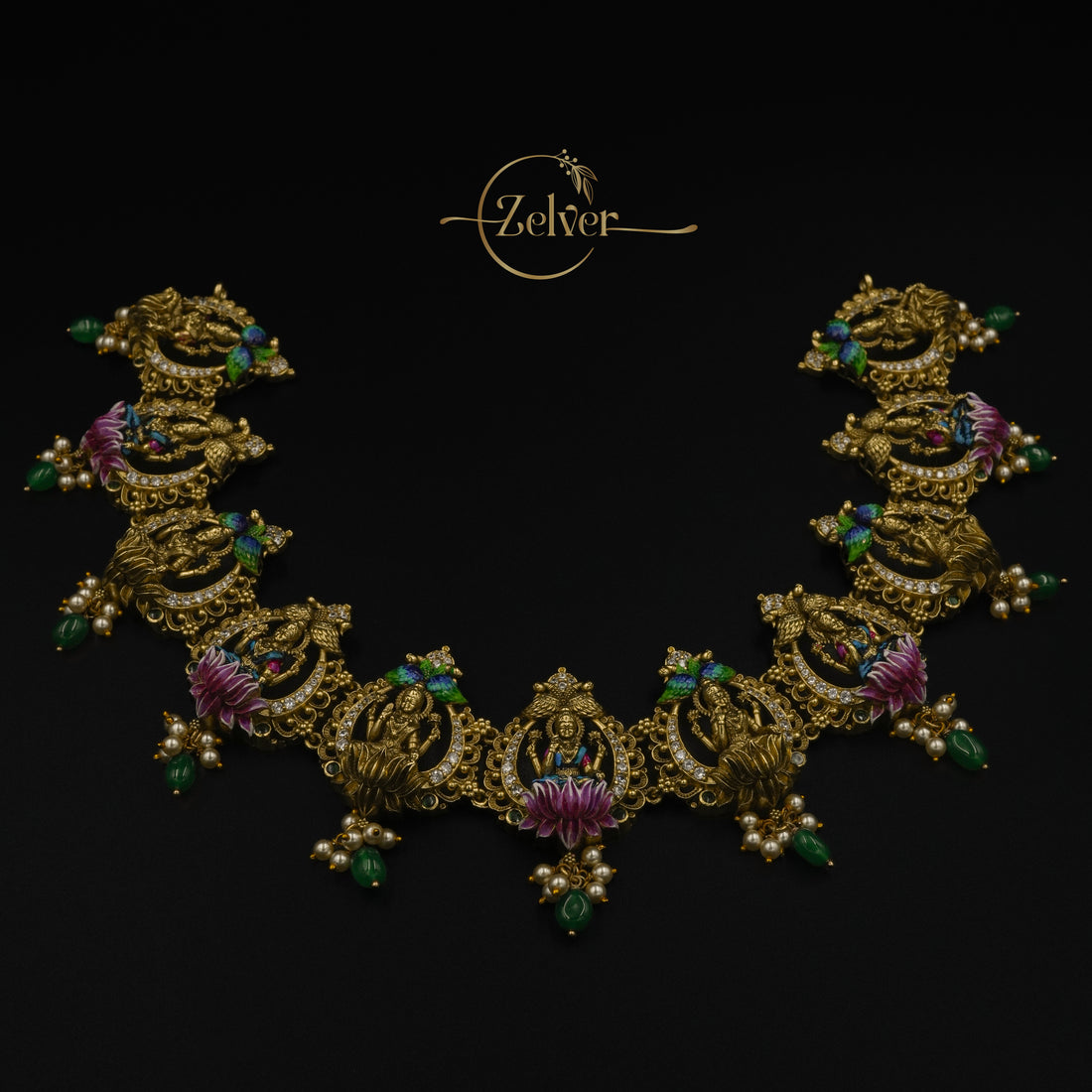 Zelver Shubha Lakshmi Peacock Lotus Necklace Set