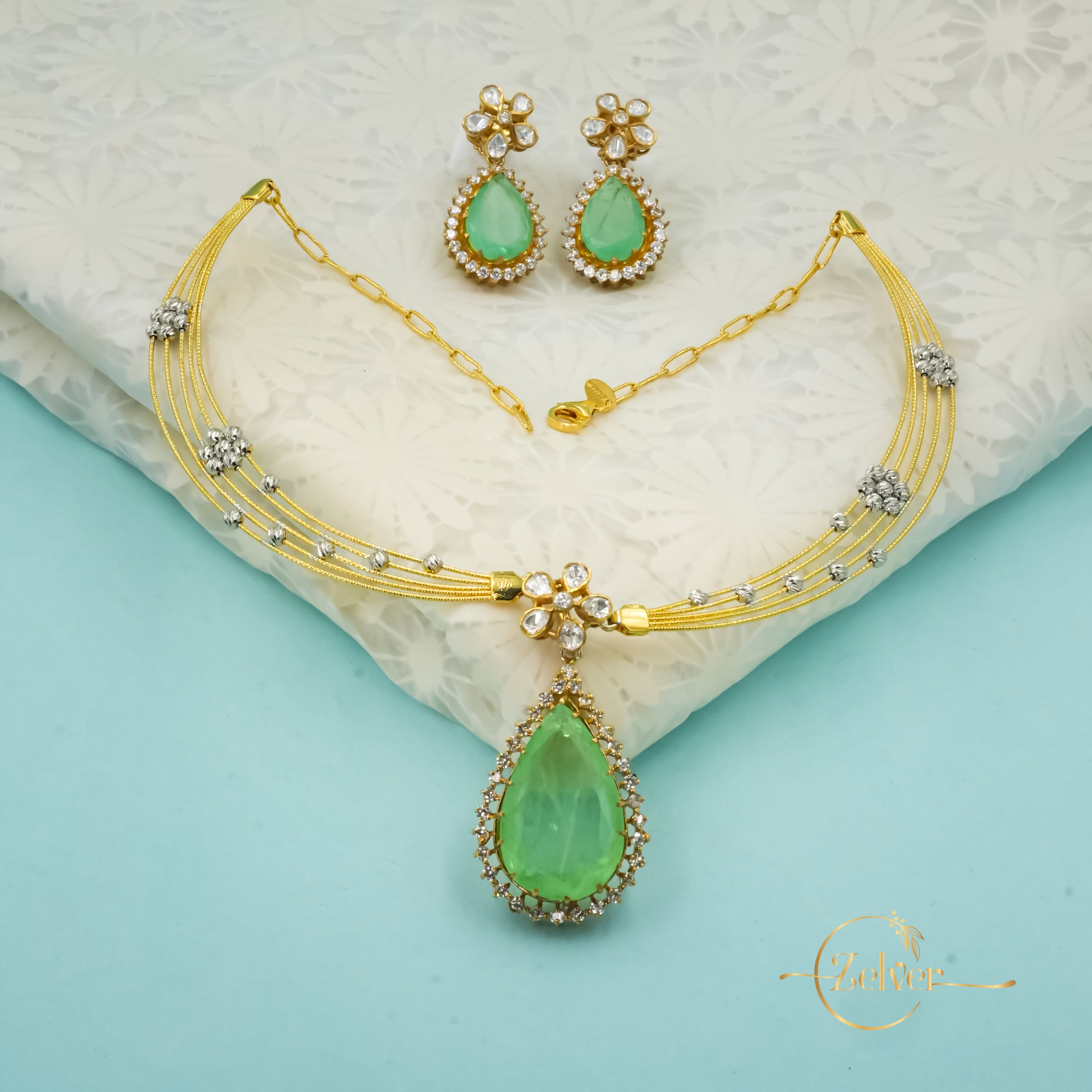 Emerald Green Stone Studded Hasli Necklace Set in 925 Sterling Silver