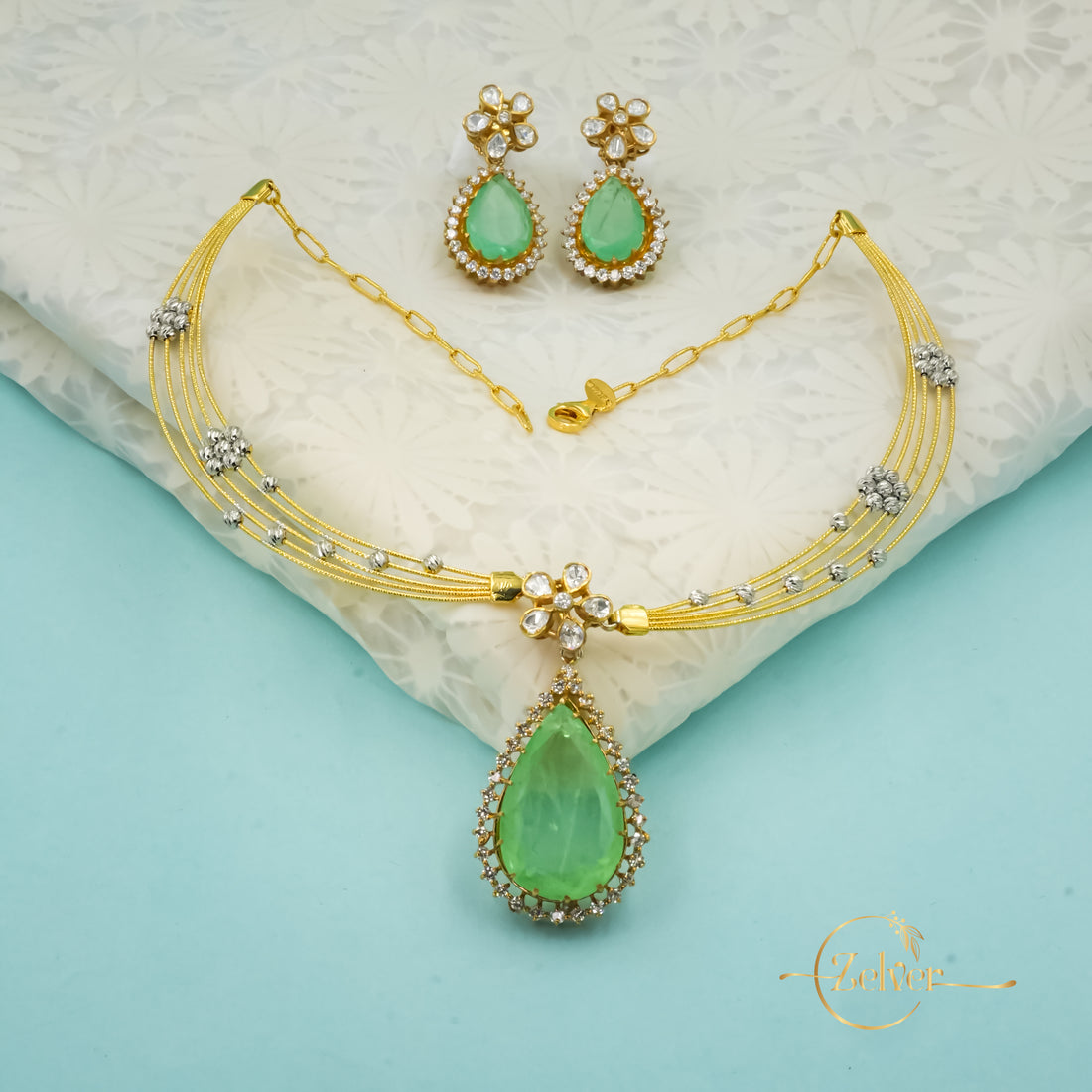 Emerald Green Stone Studded Hasli Necklace Set in 925 Sterling Silver