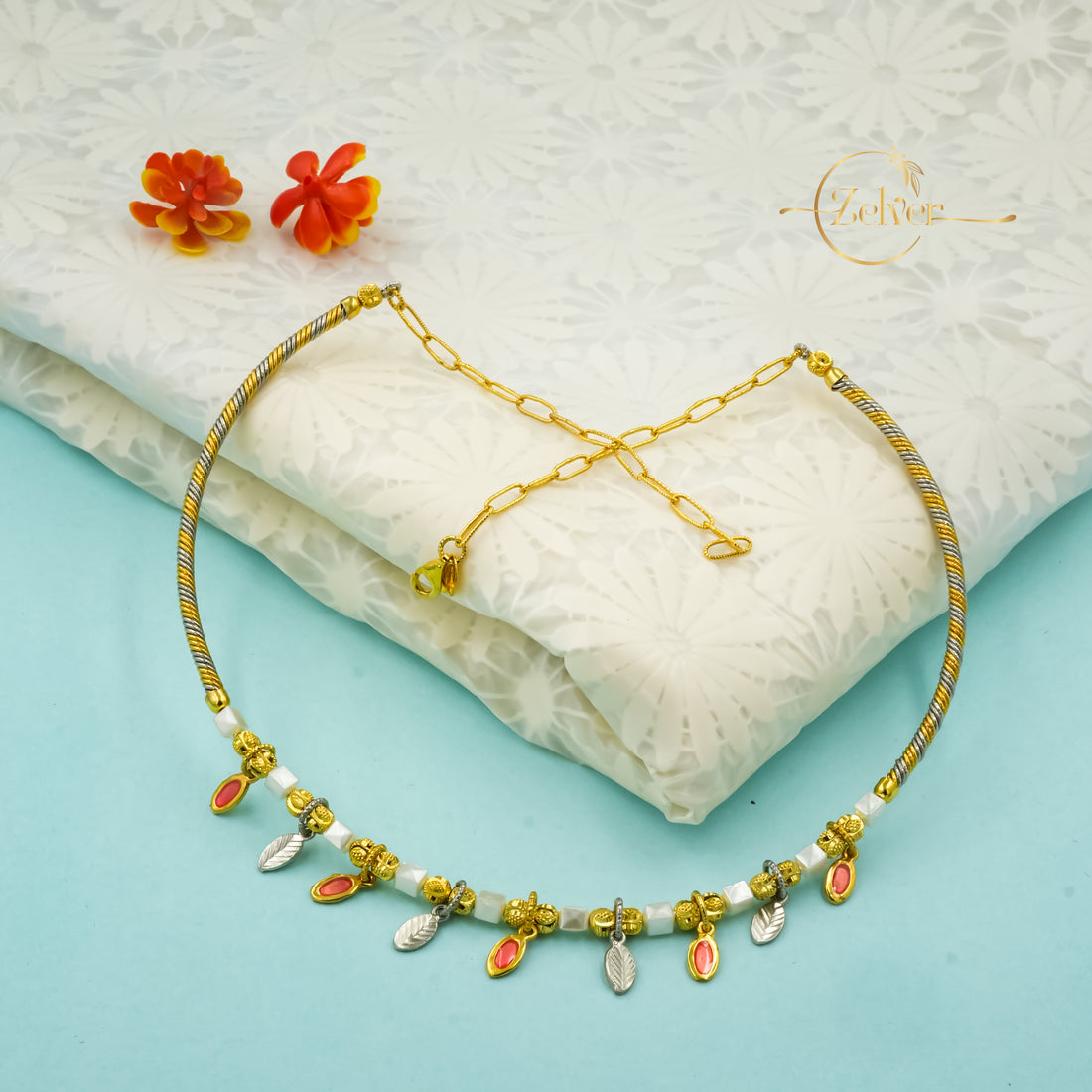 Dual-Tone Pearl and Charm Hasli Necklace in 925 Sterling Silver