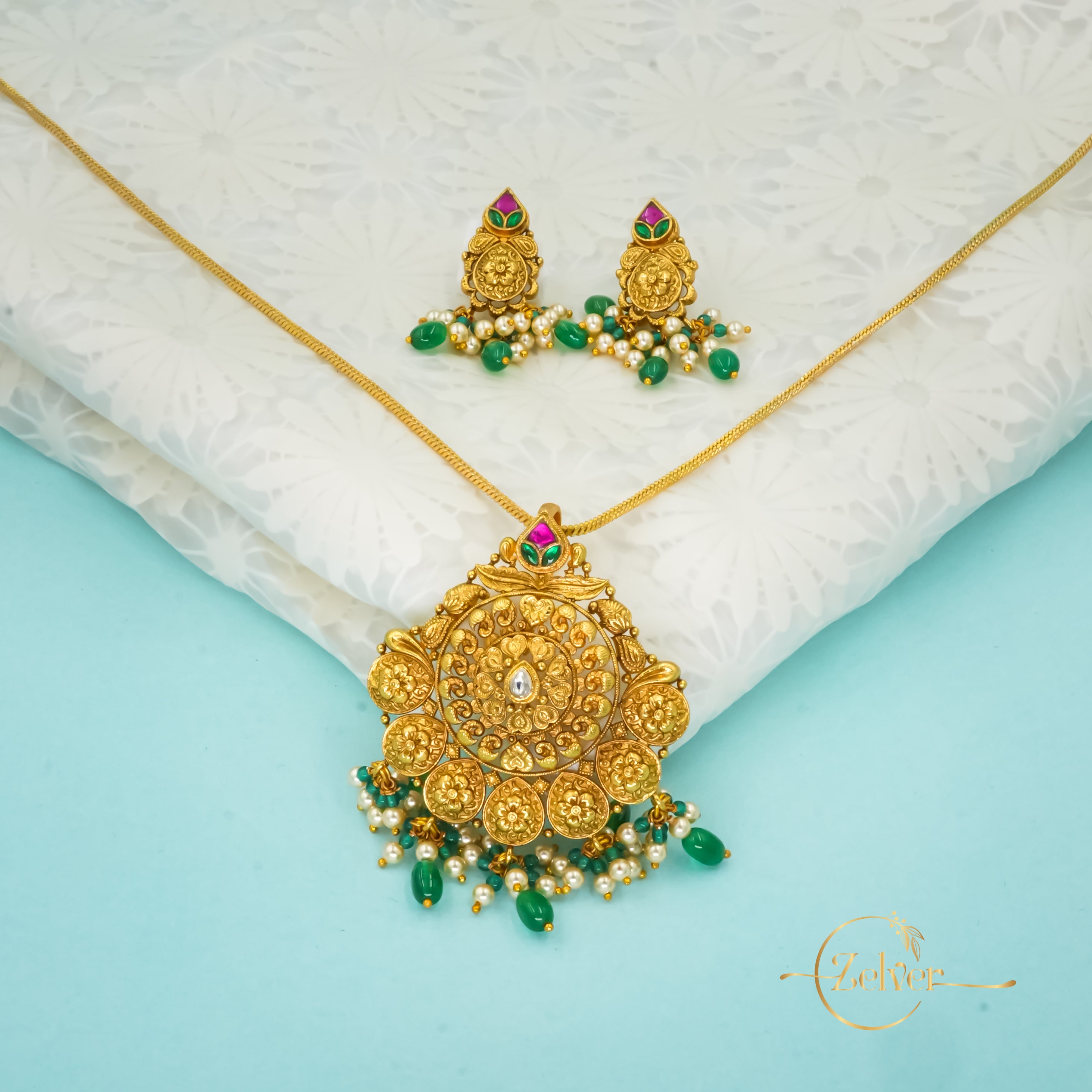 Mandala Temple Design Necklace Set in 925 Sterling Silver with Antique Gold Finish
