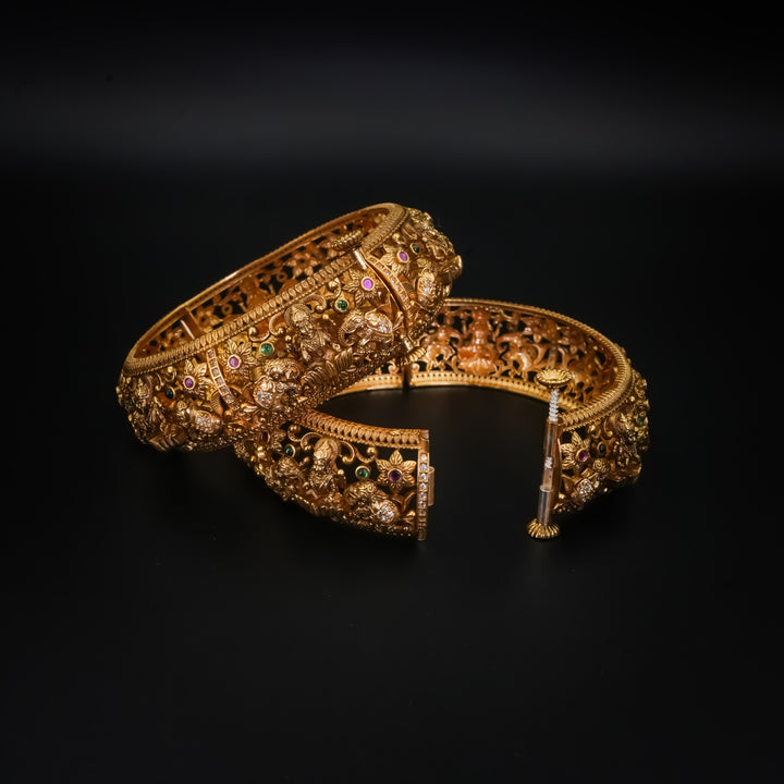 Broad Antique Gold-Plated Silver Lakshmi Motif Screw Kada with Carved Floral & Leaf Motifs - Pair