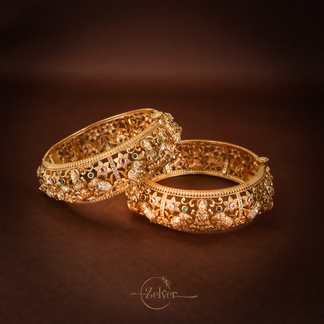 Broad Antique Gold-Plated Silver Lakshmi Motif Screw Kada with Carved Floral & Leaf Motifs - Pair