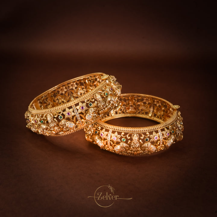 Broad Antique Gold-Plated Silver Lakshmi Motif Screw Kada with Carved Floral & Leaf Motifs - Pair