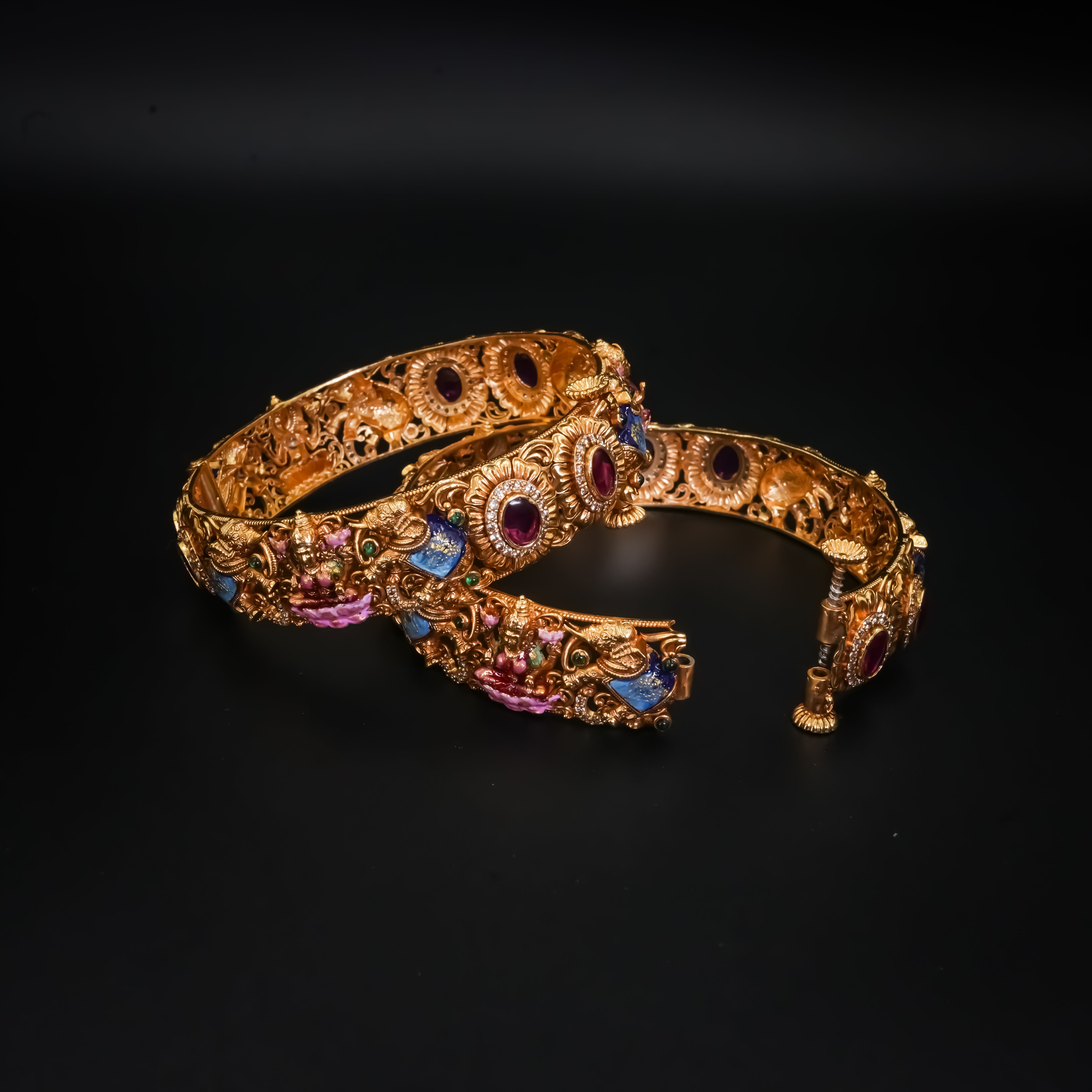 Antique Gold-Plated Lakshmi Motif Kada with Ruby & Sapphire Stone Work — Pair