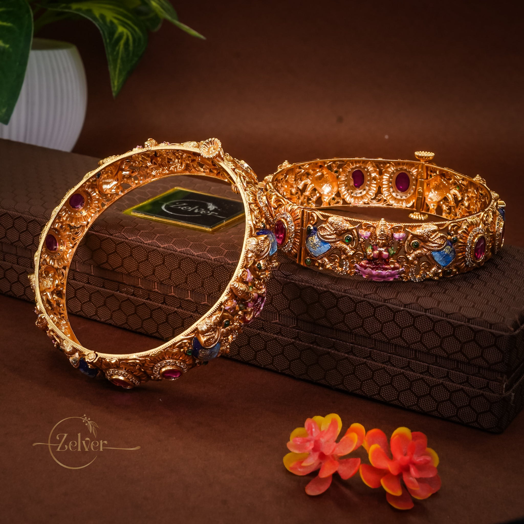 Antique Gold-Plated Lakshmi Motif Kada with Ruby & Sapphire Stone Work — Pair