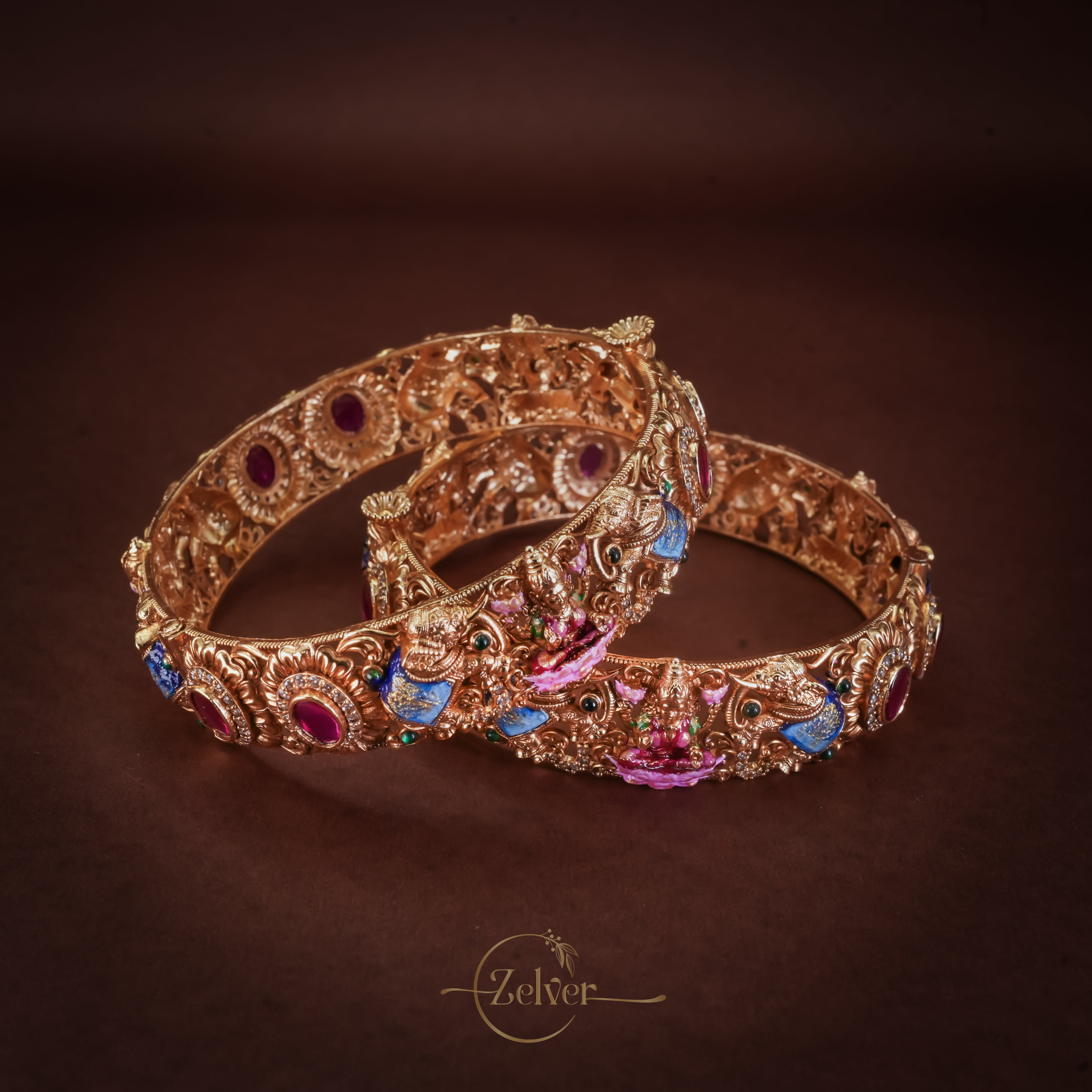 Antique Gold-Plated Lakshmi Motif Kada with Ruby & Sapphire Stone Work — Pair