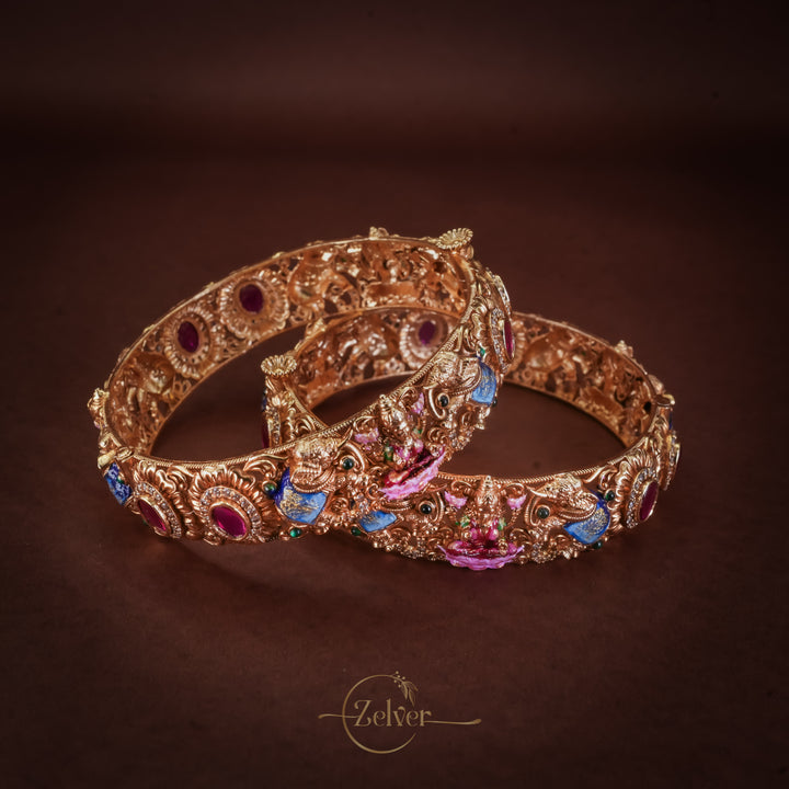Antique Gold-Plated Lakshmi Motif Kada with Ruby & Sapphire Stone Work — Pair