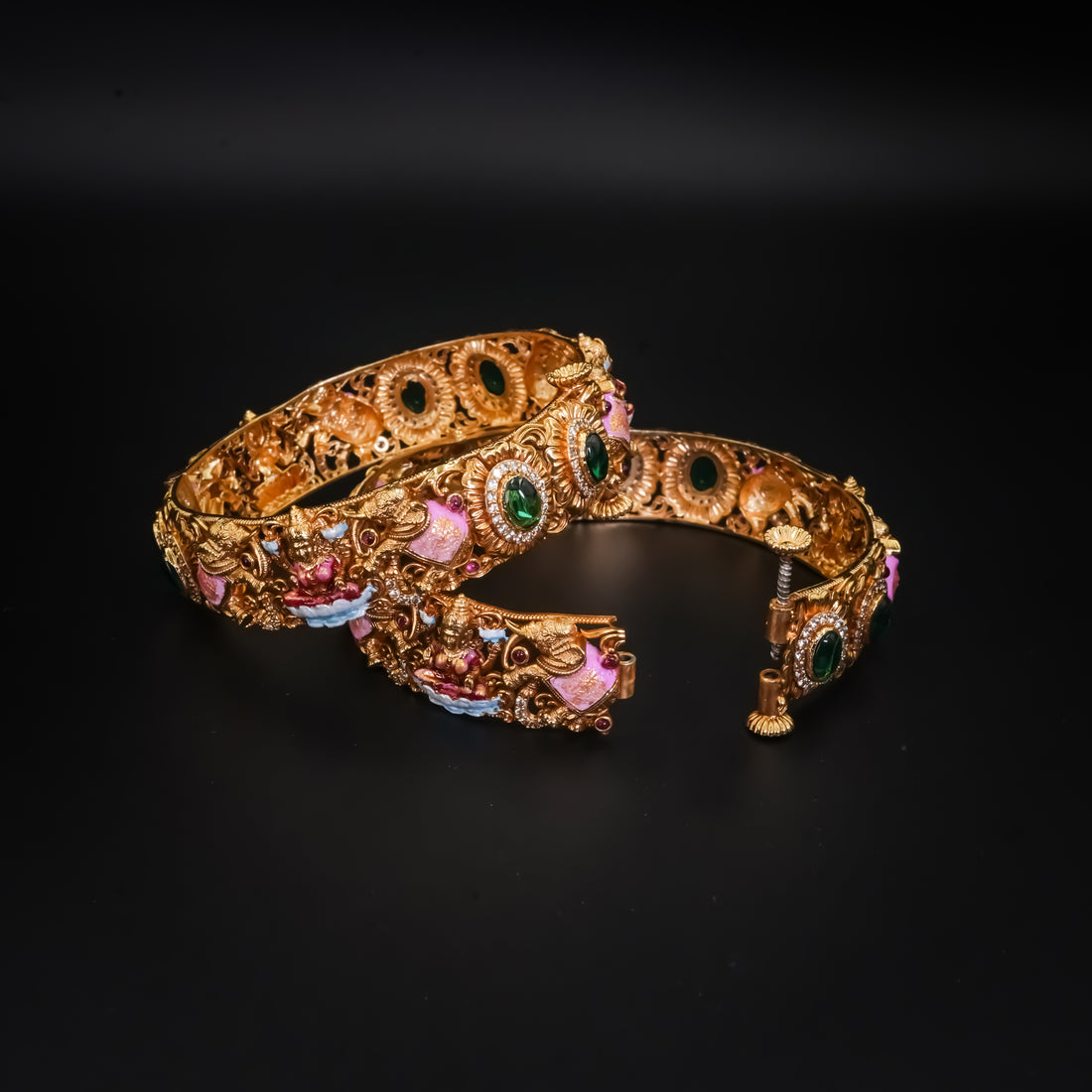 Antique Gold-Plated Silver Lakshmi Motif Screw Kada with Emerald Stone Rosettes - Pair