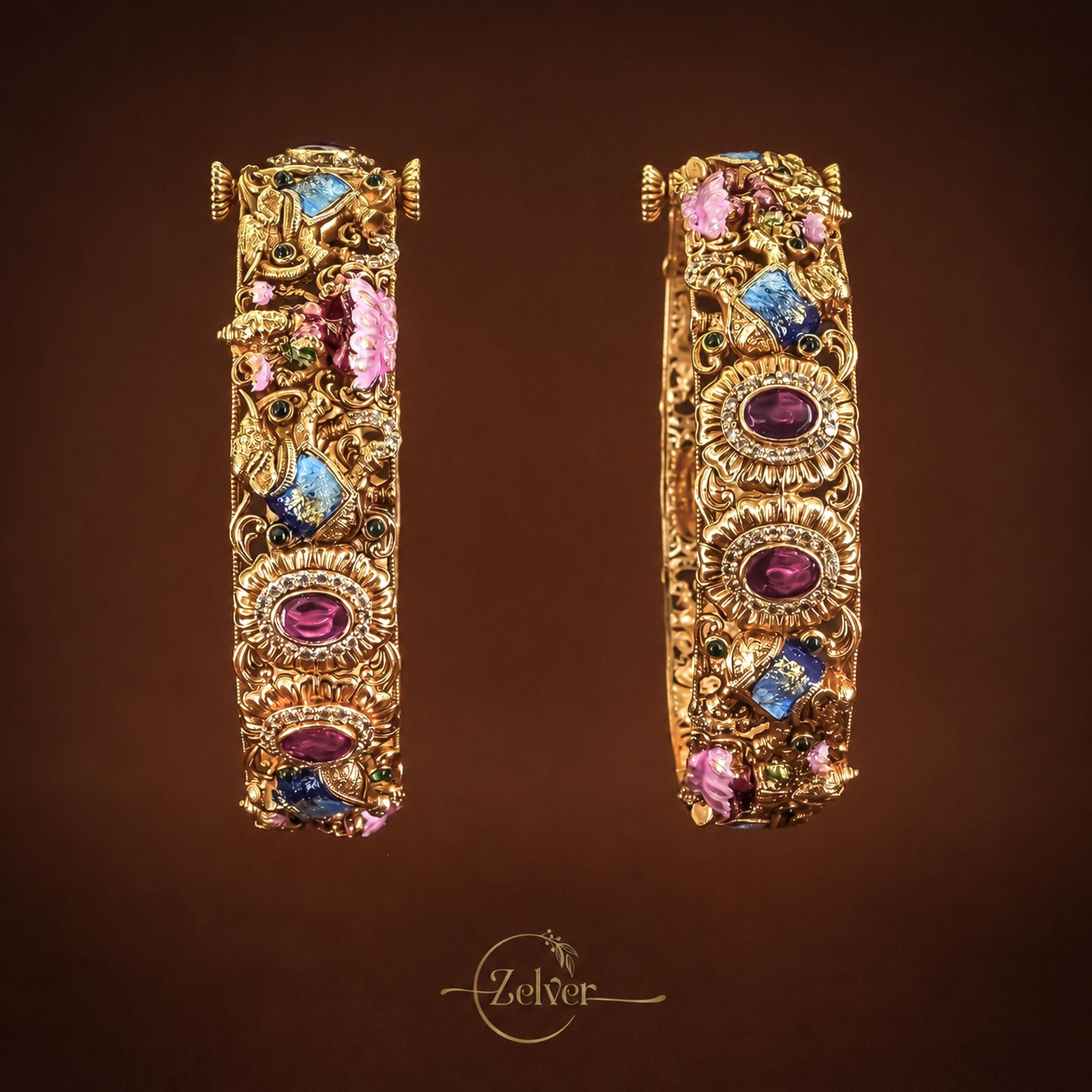 Antique Gold-Plated Lakshmi Motif Kada with Ruby & Sapphire Stone Work — Pair