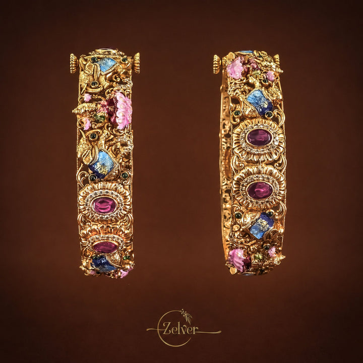 Antique Gold-Plated Lakshmi Motif Kada with Ruby & Sapphire Stone Work — Pair