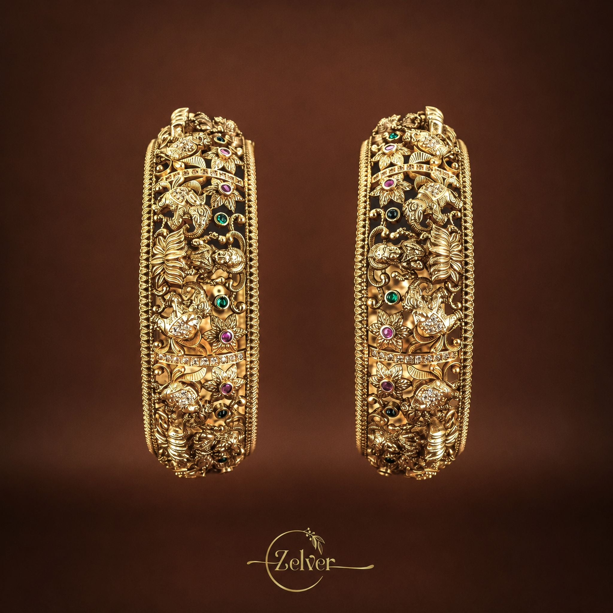 Broad Antique Gold-Plated Silver Lakshmi Motif Screw Kada with Carved Floral & Leaf Motifs - Pair