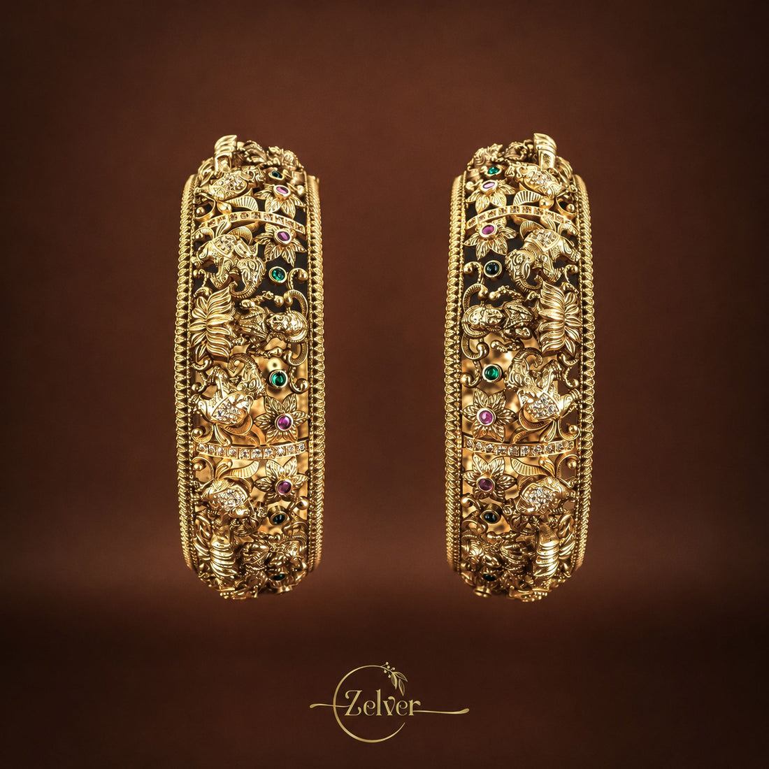 Broad Antique Gold-Plated Silver Lakshmi Motif Screw Kada with Carved Floral & Leaf Motifs - Pair