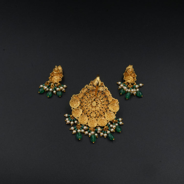 Mandala Temple Design Necklace Set in 925 Sterling Silver with Antique Gold Finish