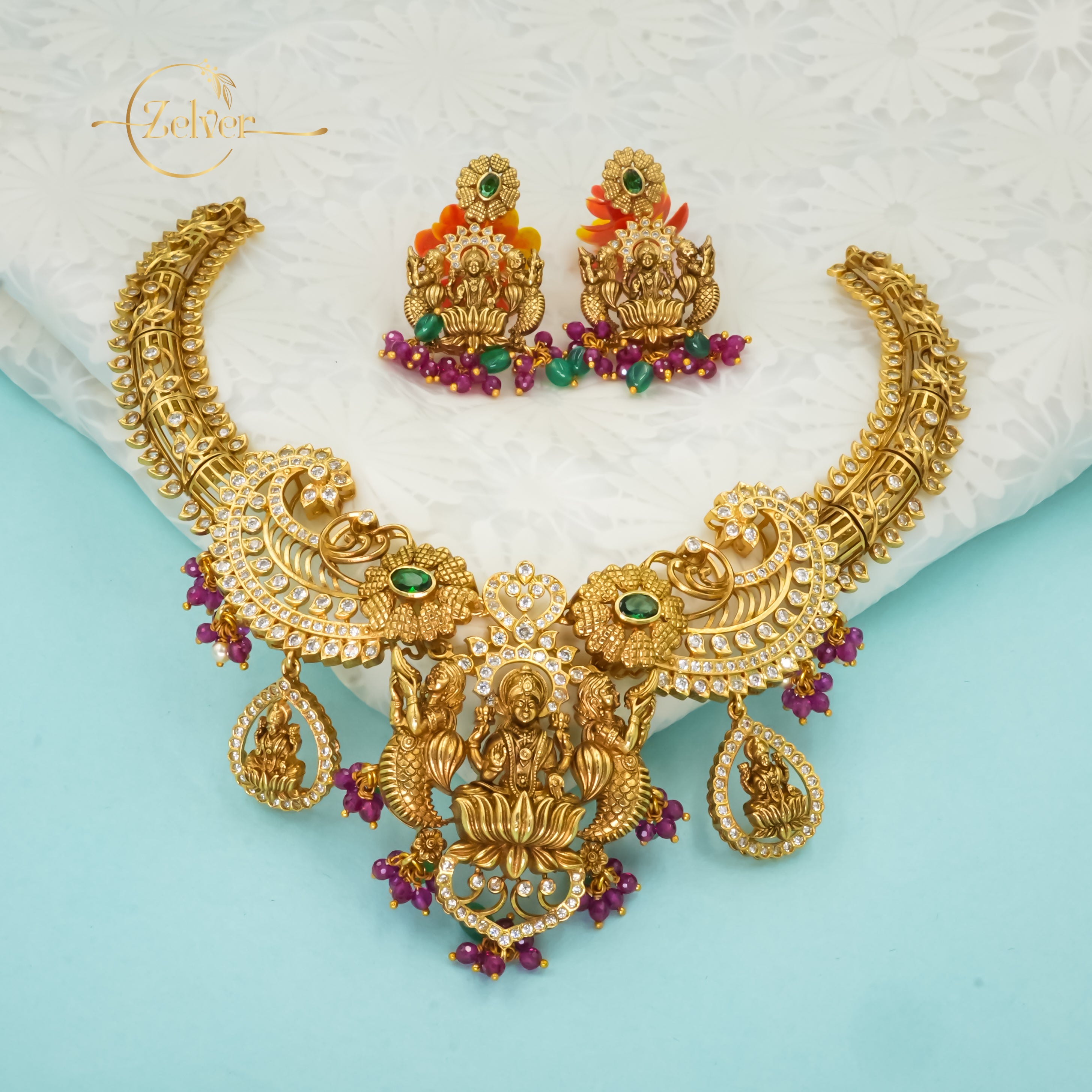 Divine Motif Temple Necklace Set in 925 Sterling Silver with Antique Gold Finish