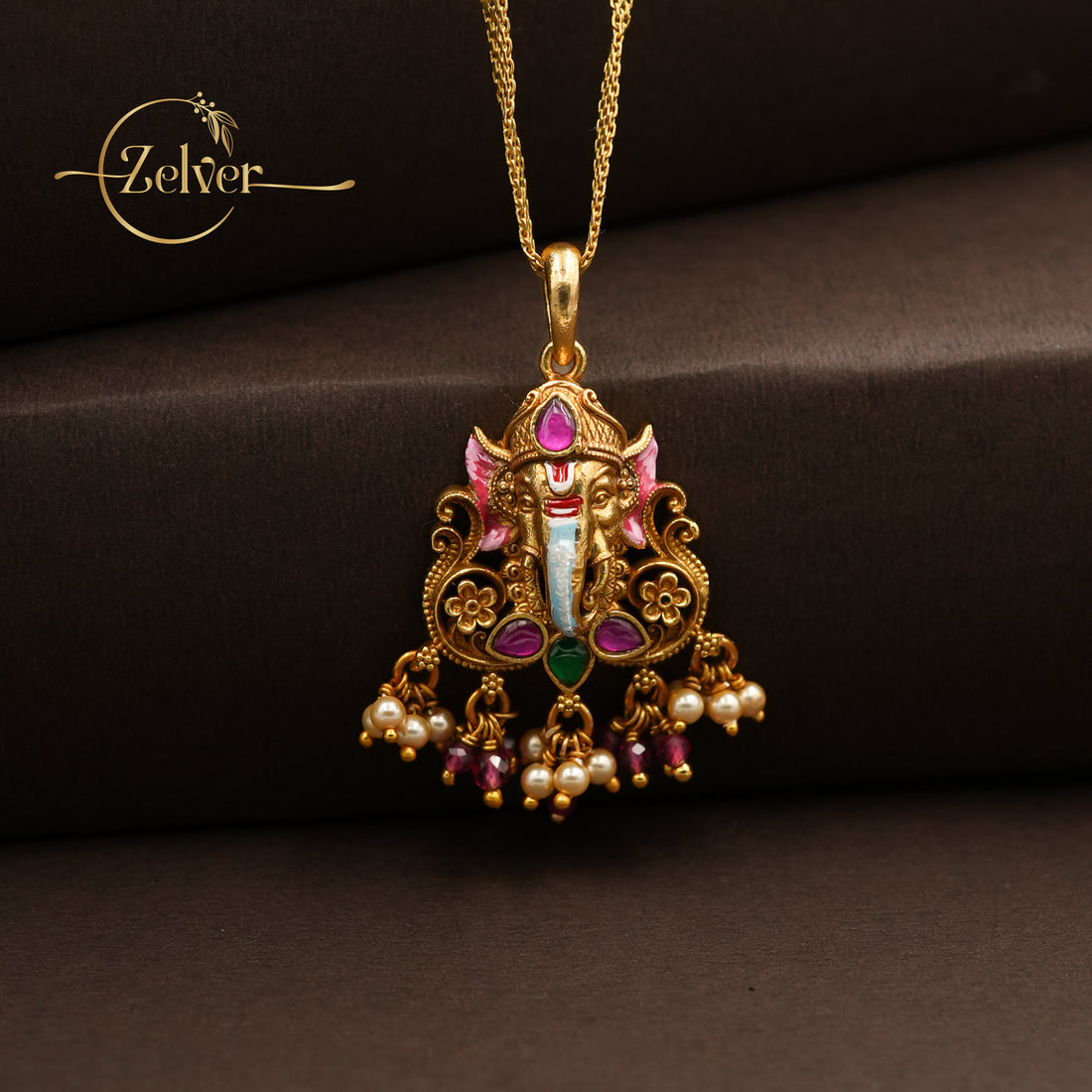 The Rang-Vinayak: Enamel Ganesha Pendant with Pearls | Gold Plated Silver
