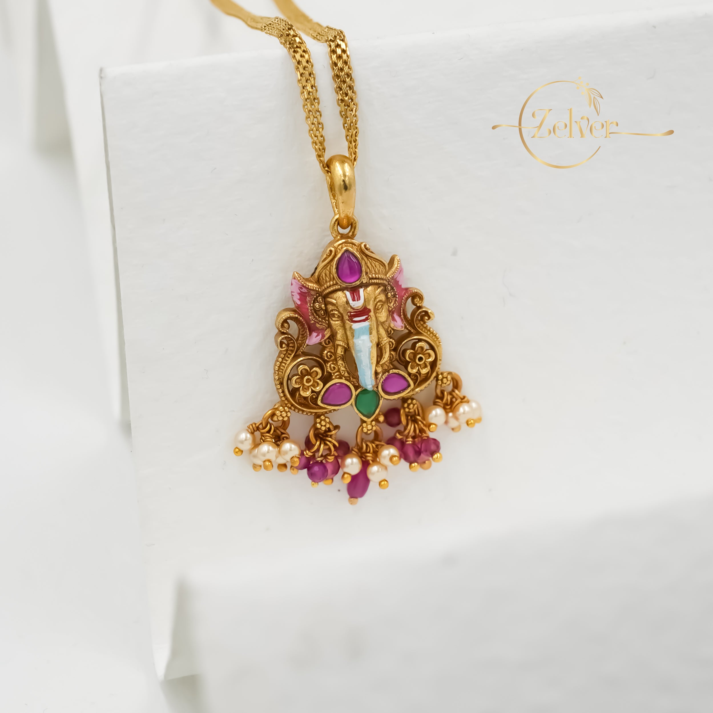 The Rang-Vinayak: Enamel Ganesha Pendant with Pearls | Gold Plated Silver