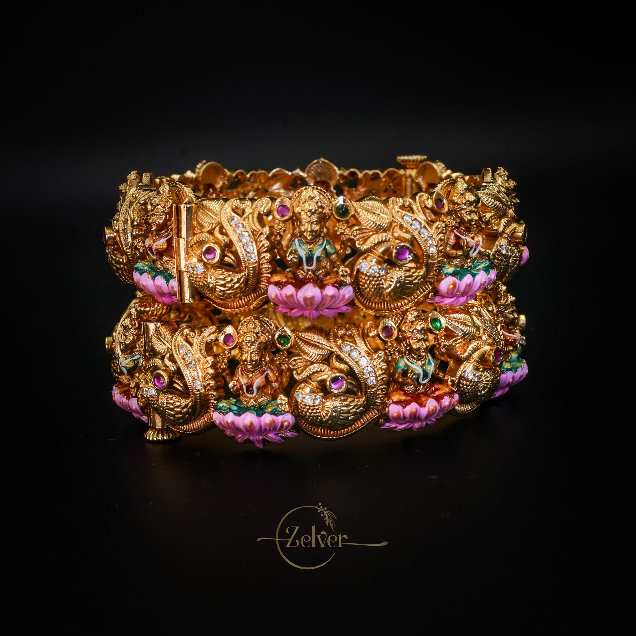 Antique Gold Nakshi Kada with Kundan Floral Work - Pair