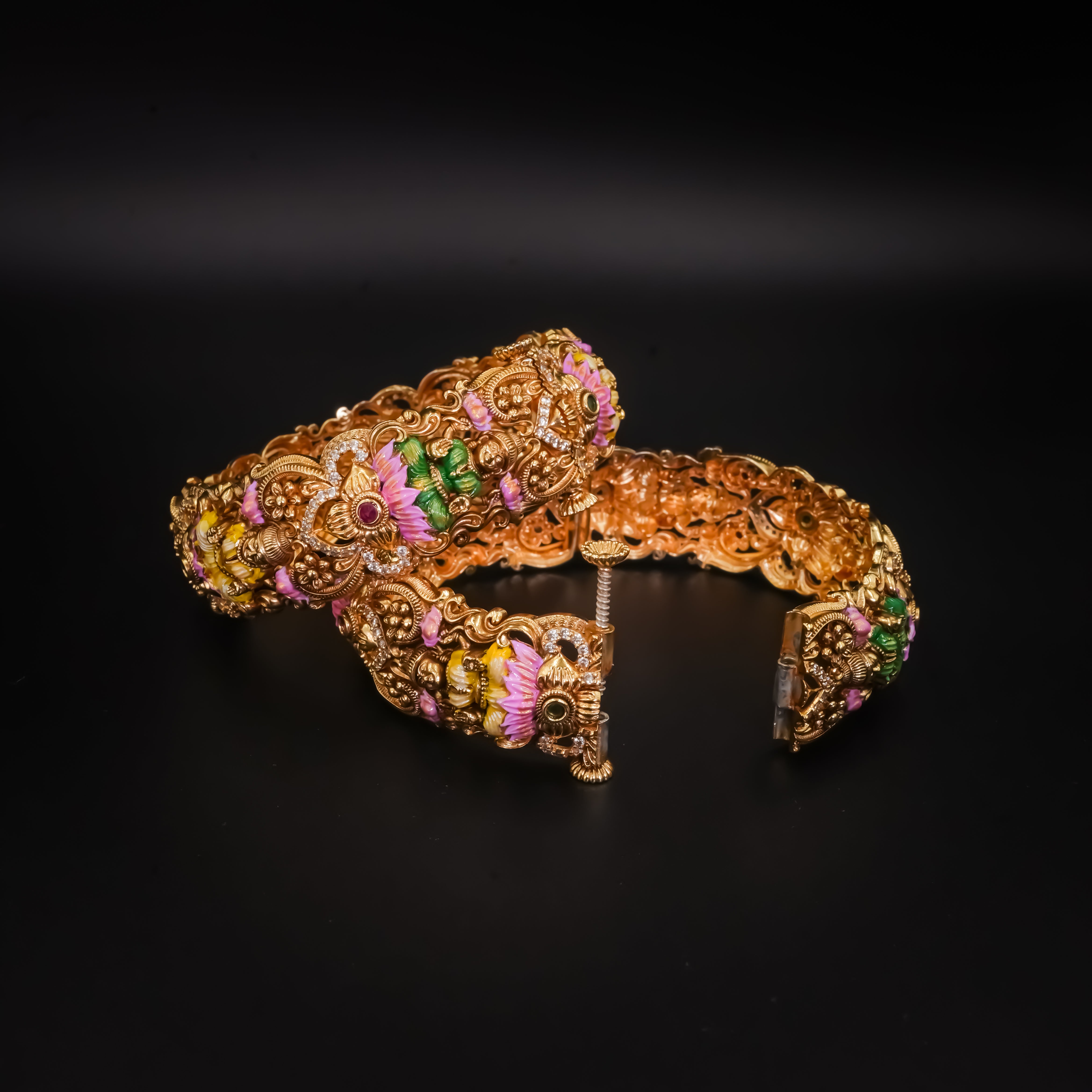 Antique Gold-Plated Silver Lakshmi Motif Screw Kada with Multicolour Floral Cluster Work - Pair