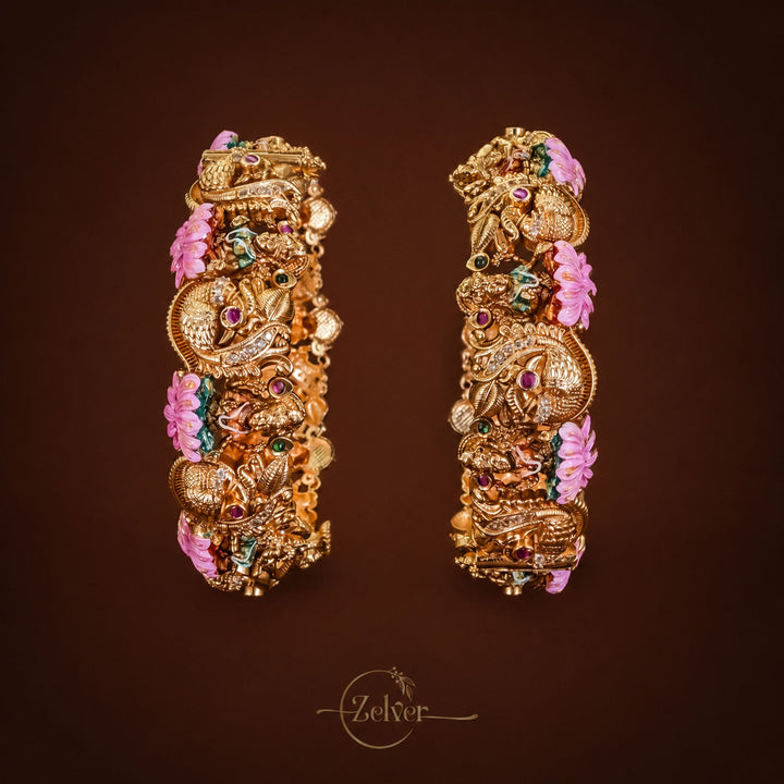 Antique Gold Nakshi Kada with Kundan Floral Work - Pair