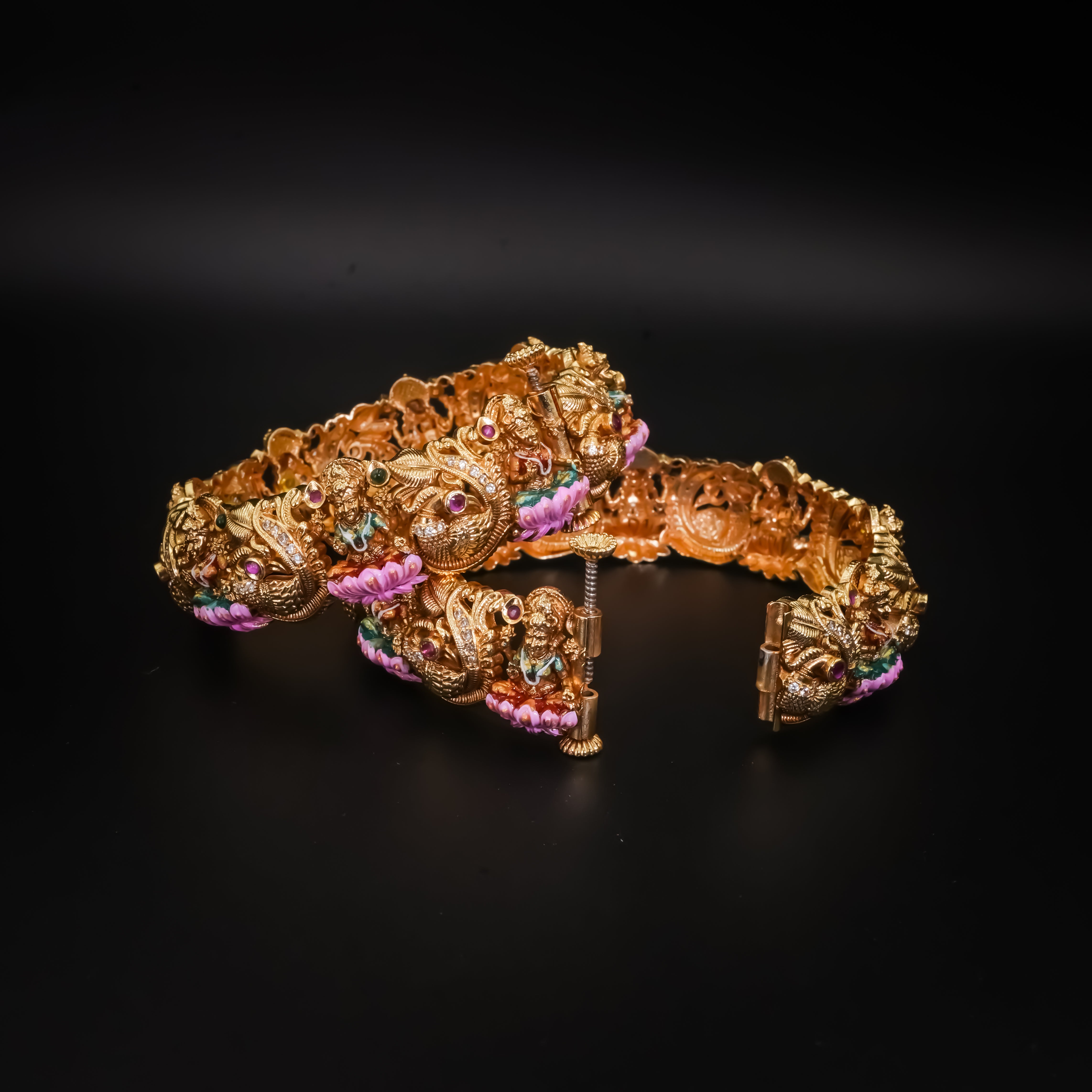 Antique Gold Nakshi Kada with Kundan Floral Work - Pair