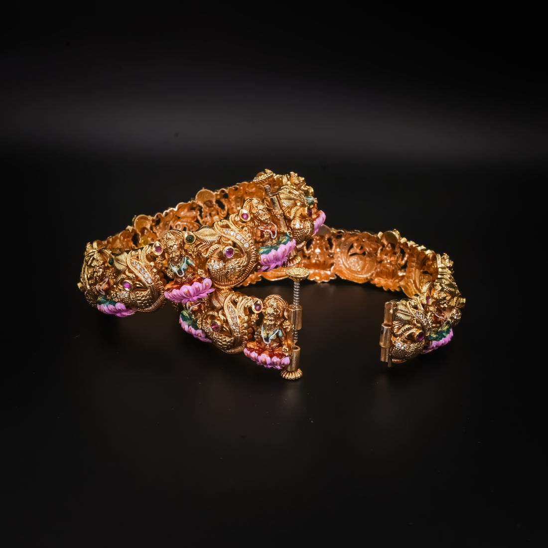 Antique Gold Nakshi Kada with Kundan Floral Work - Pair