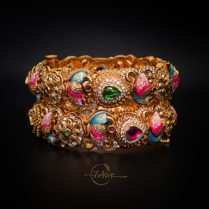 Antique Gold-Plated Silver Lakshmi Motif Screw Kada with Multicolour Stone Rosettes