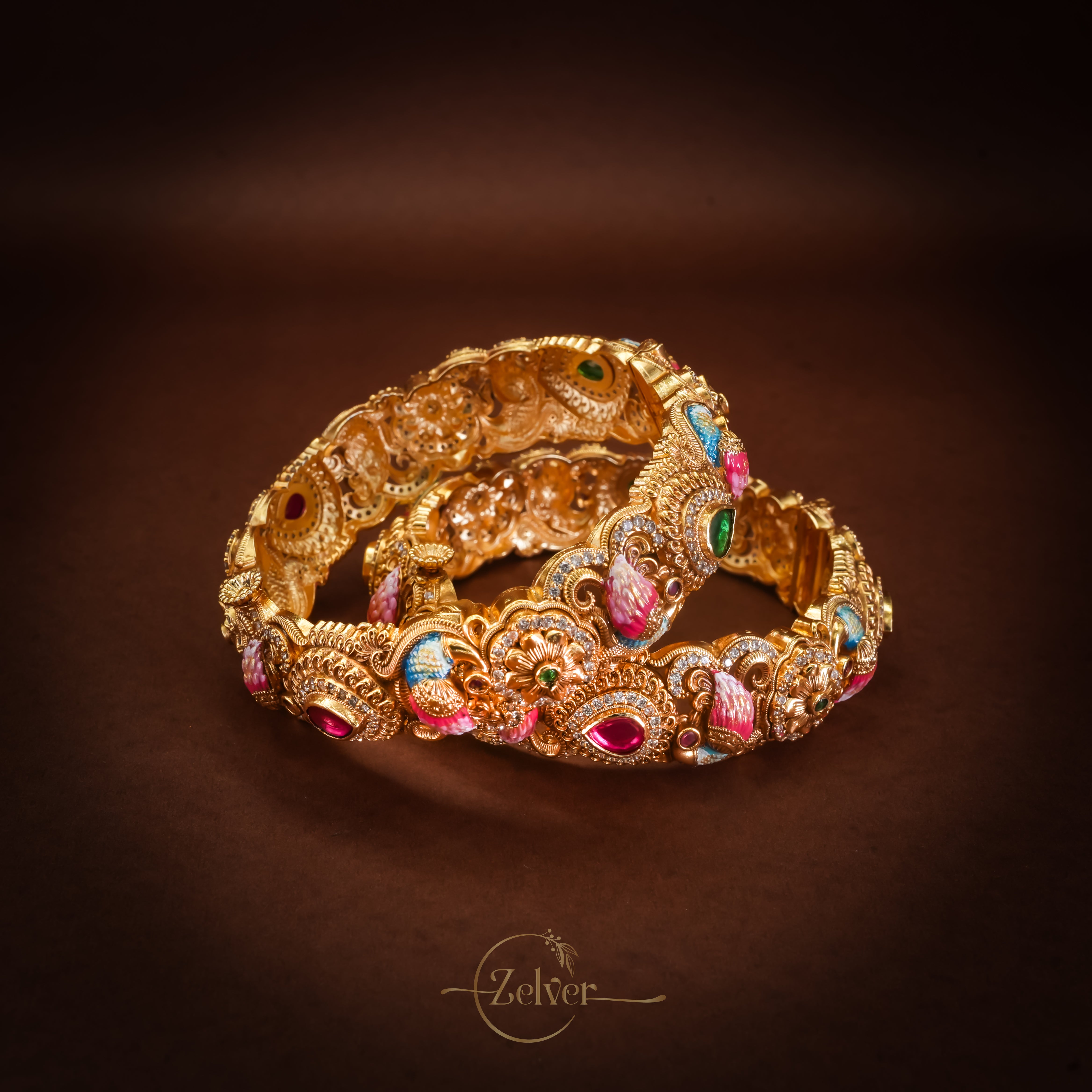 Antique Gold-Plated Silver Lakshmi Motif Screw Kada with Multicolour Stone Rosettes