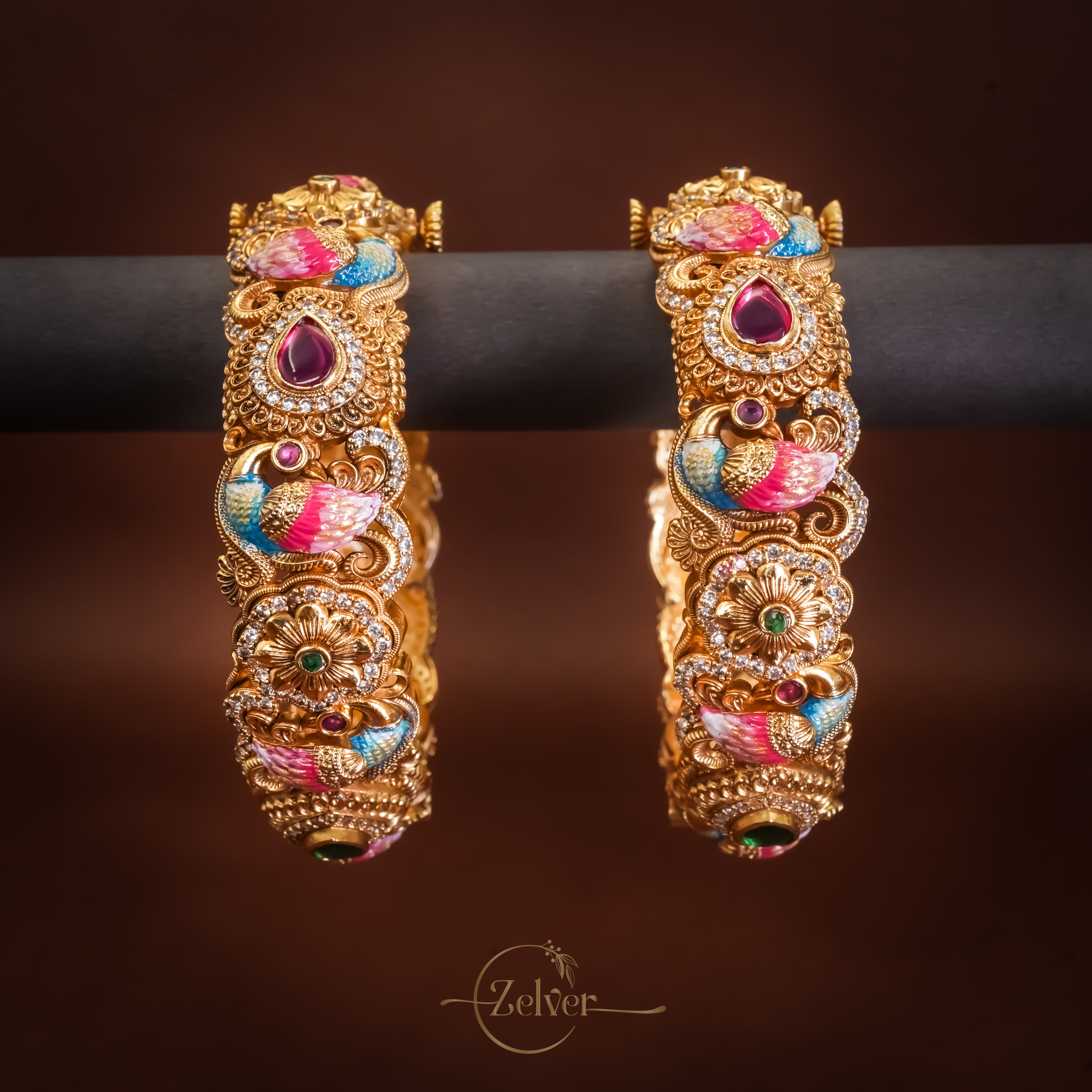 Antique Gold-Plated Silver Lakshmi Motif Screw Kada with Multicolour Stone Rosettes