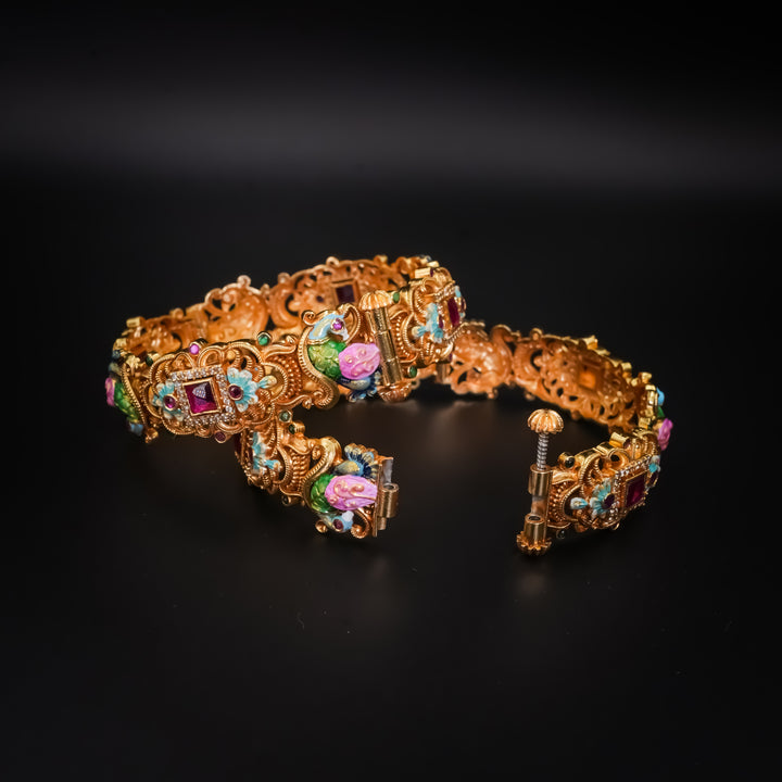 Statement Antique Gold-Plated Silver Lakshmi Motif Screw Kada with Ruby Centrepiece & Turquoise Accents - Pair