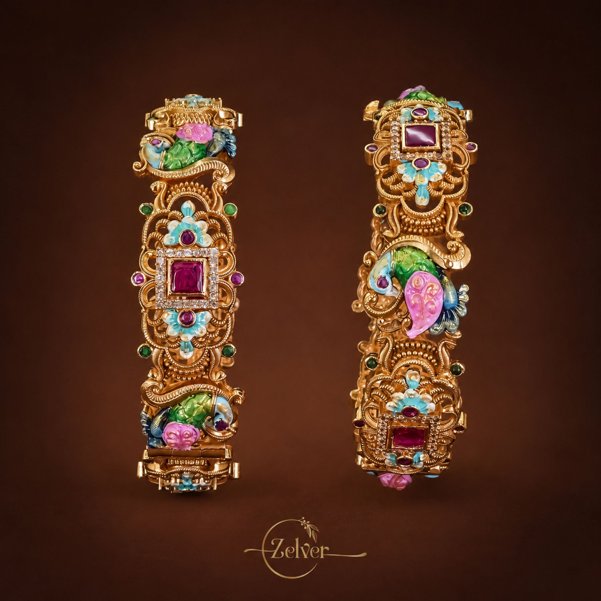 Statement Antique Gold-Plated Silver Lakshmi Motif Screw Kada with Ruby Centrepiece & Turquoise Accents - Pair