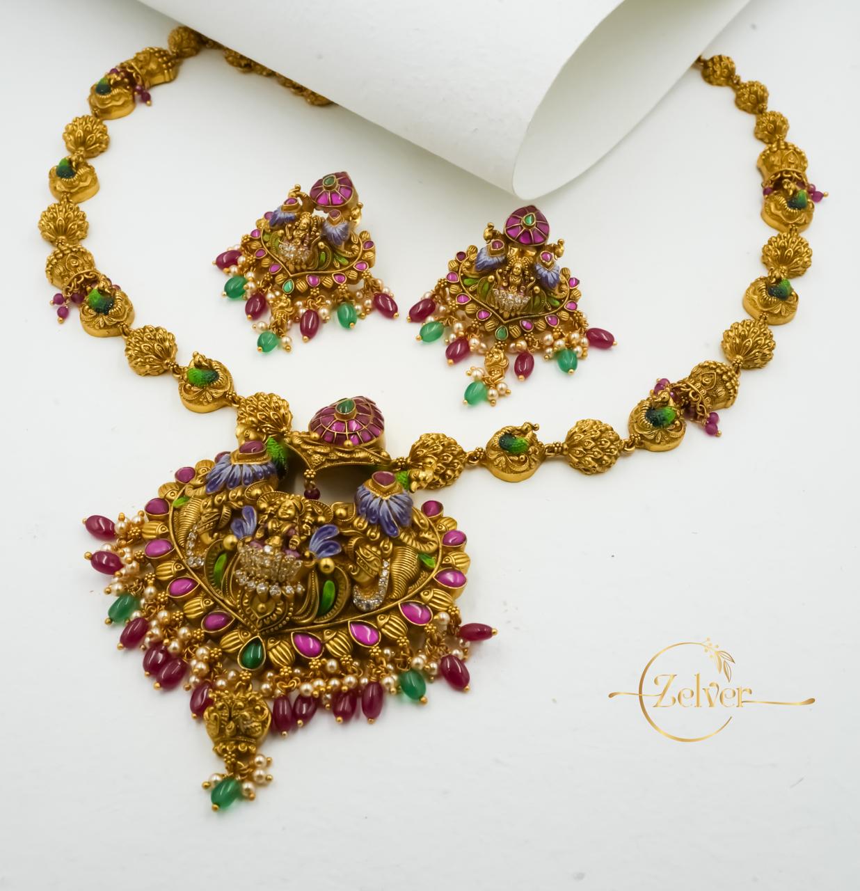 Antique Gold Finish Lakshmi Motif Temple Necklace & Earring Set