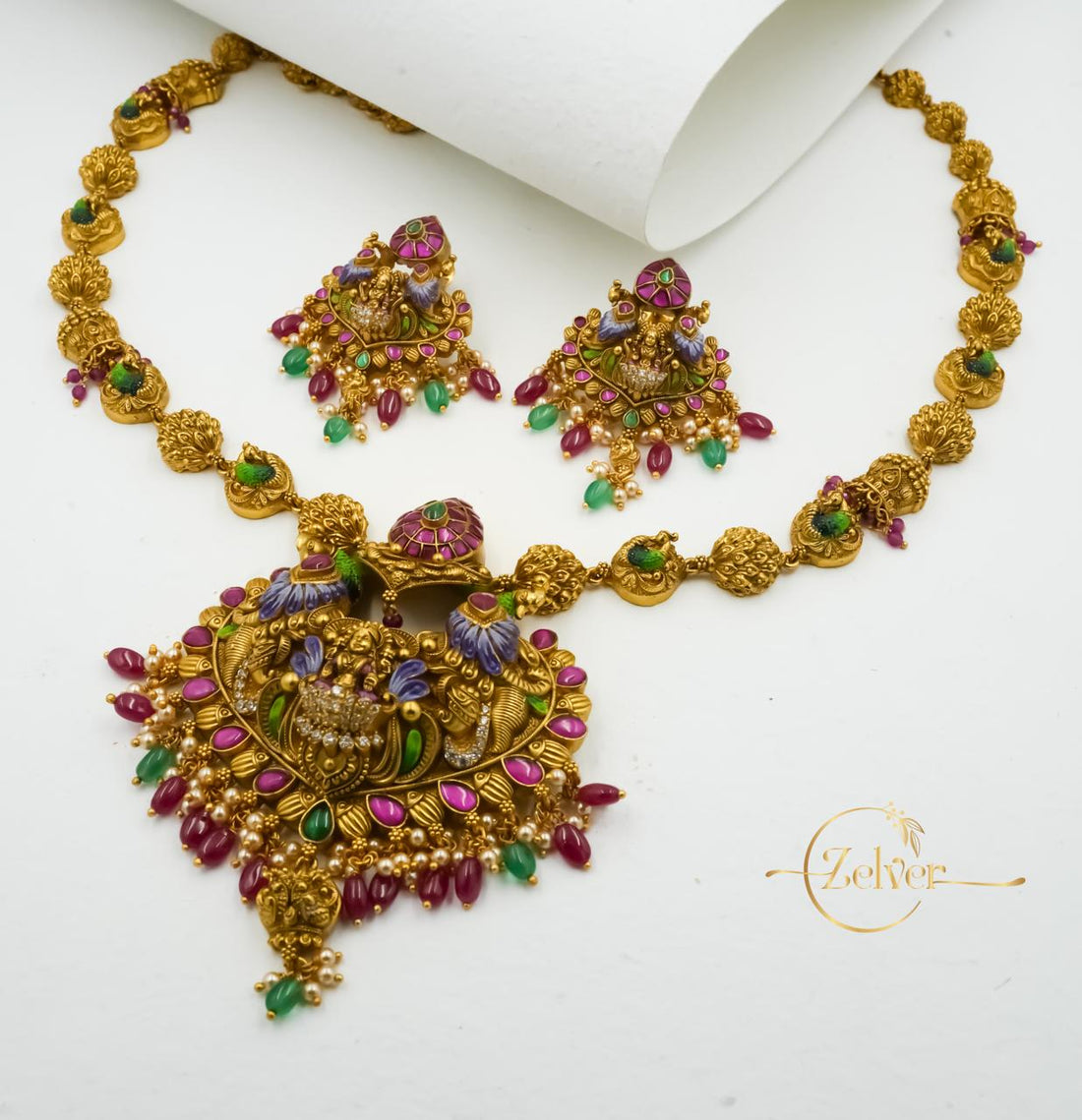 Antique Gold Finish Lakshmi Motif Temple Necklace & Earring Set