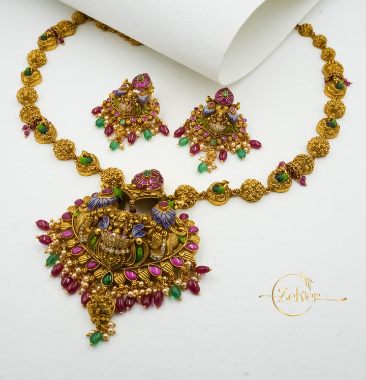 Antique Gold Finish Lakshmi Motif Temple Necklace & Earring Set
