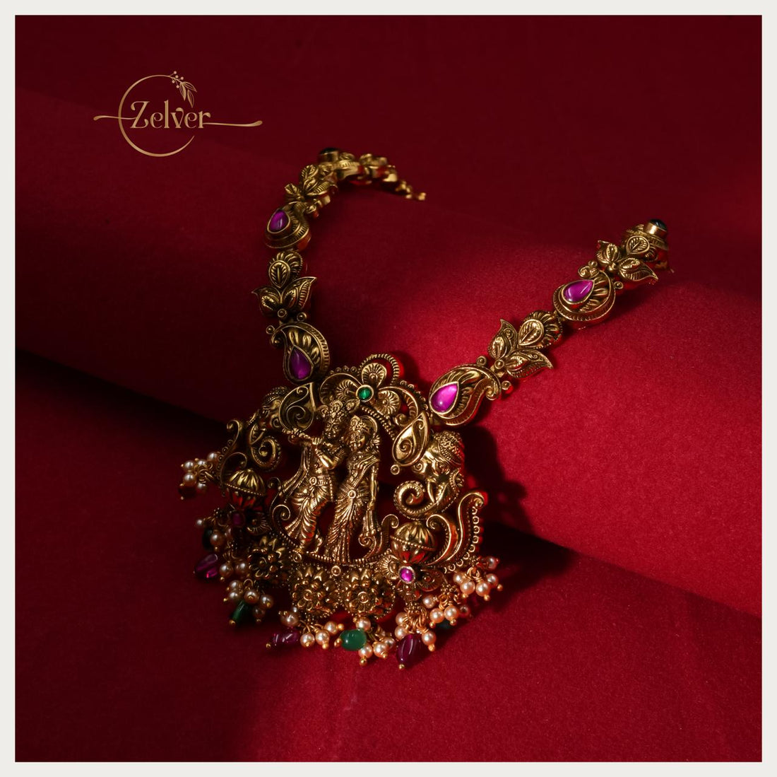 Antique Gold Radha-Krishna Temple Statement Necklace