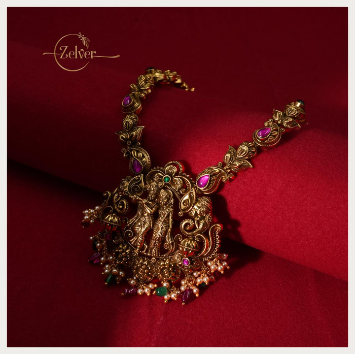 Antique Gold Radha-Krishna Temple Statement Necklace
