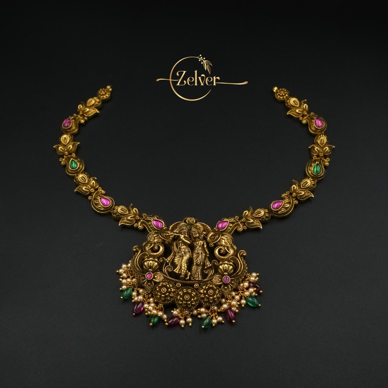 Antique Gold Radha-Krishna Temple Statement Necklace