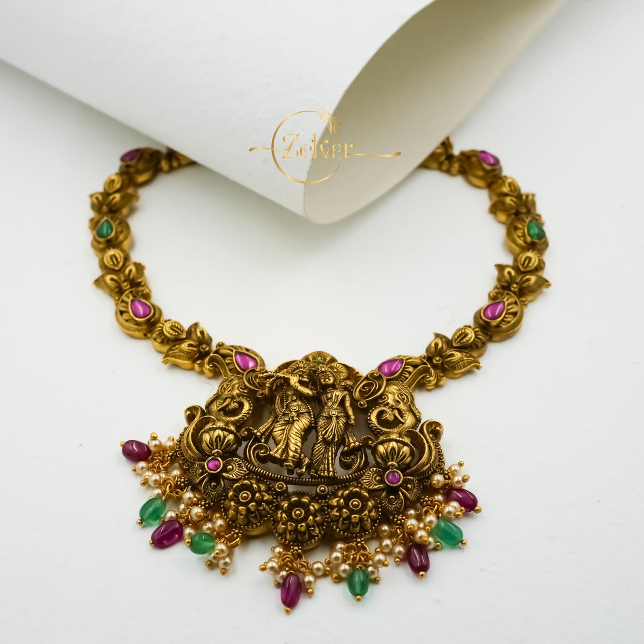 Antique Gold Radha-Krishna Temple Statement Necklace