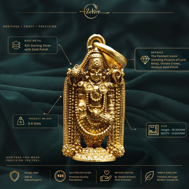 Lord Balaji Standing Posture 925 Silver Pendant