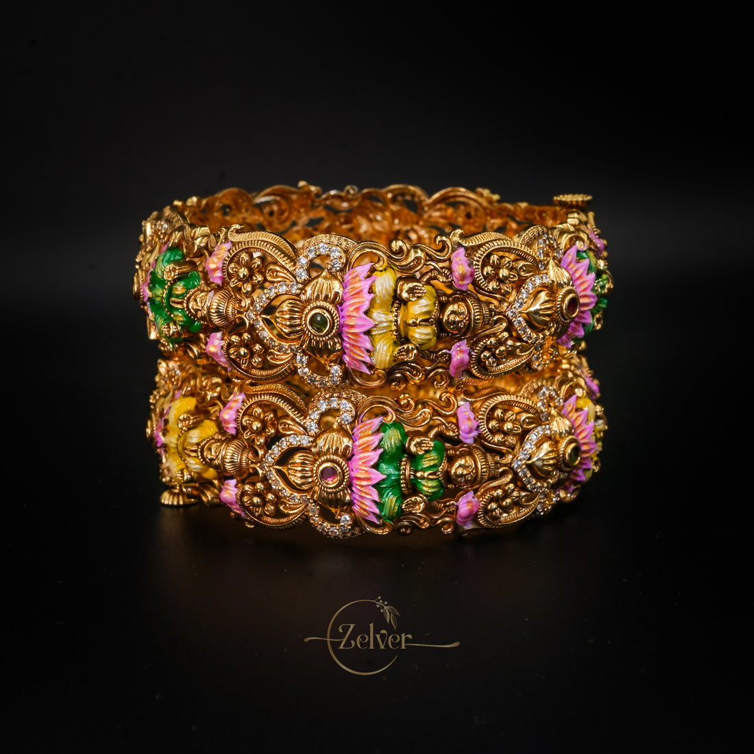Antique Gold-Plated Silver Lakshmi Motif Screw Kada with Multicolour Floral Cluster Work - Pair
