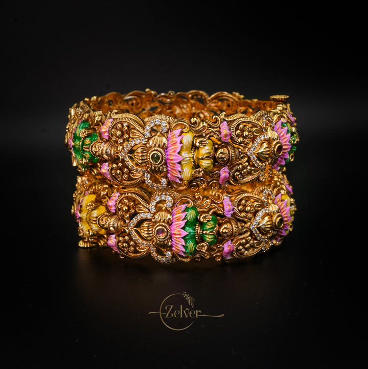 Antique Gold-Plated Silver Lakshmi Motif Screw Kada with Multicolour Floral Cluster Work - Pair