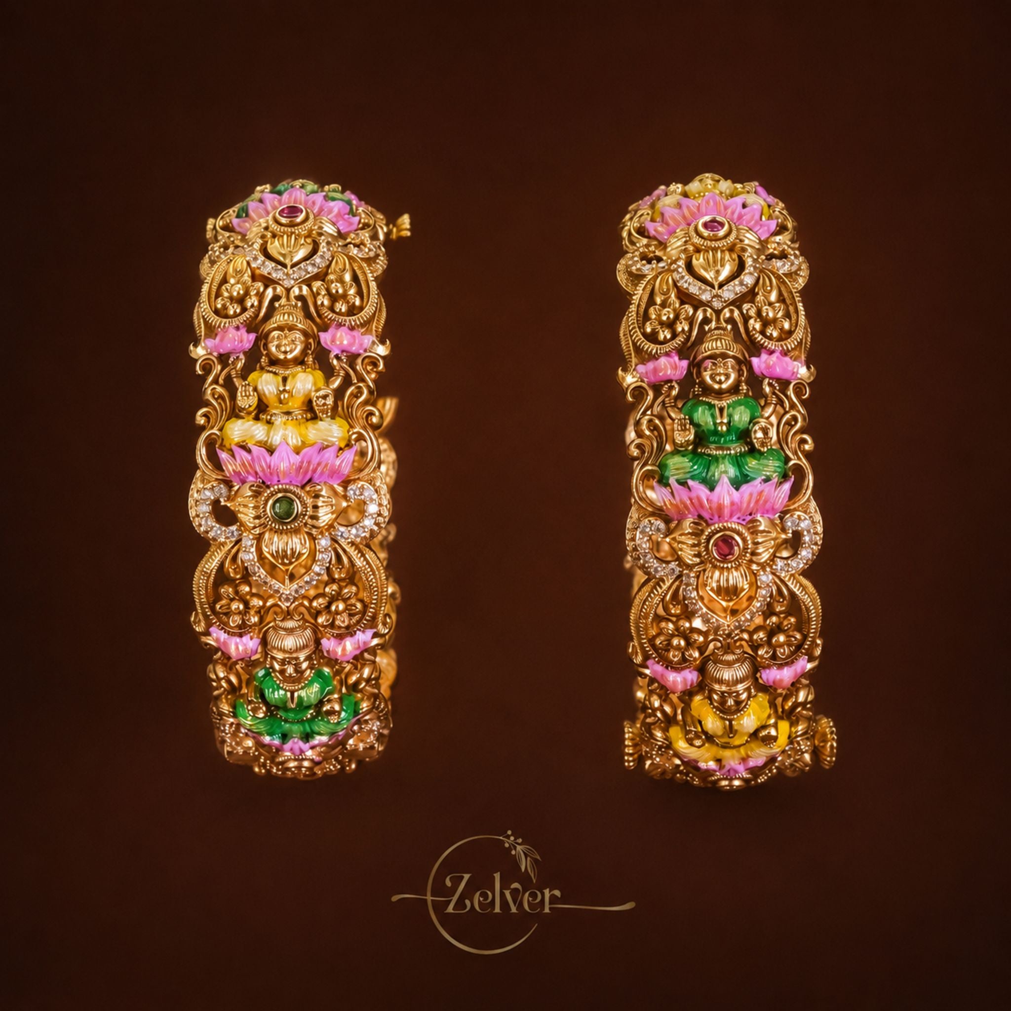 Antique Gold-Plated Silver Lakshmi Motif Screw Kada with Multicolour Floral Cluster Work - Pair