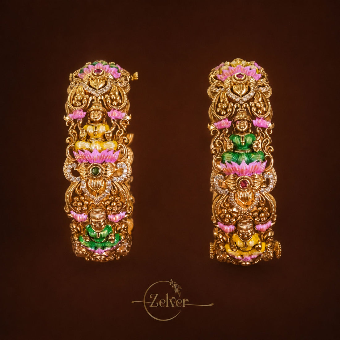 Antique Gold-Plated Silver Lakshmi Motif Screw Kada with Multicolour Floral Cluster Work - Pair