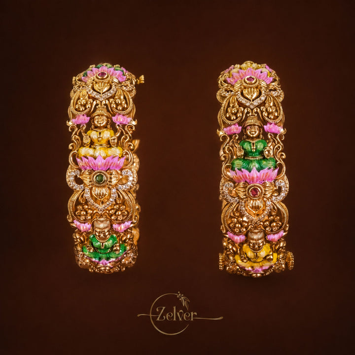 Antique Gold-Plated Silver Lakshmi Motif Screw Kada with Multicolour Floral Cluster Work - Pair