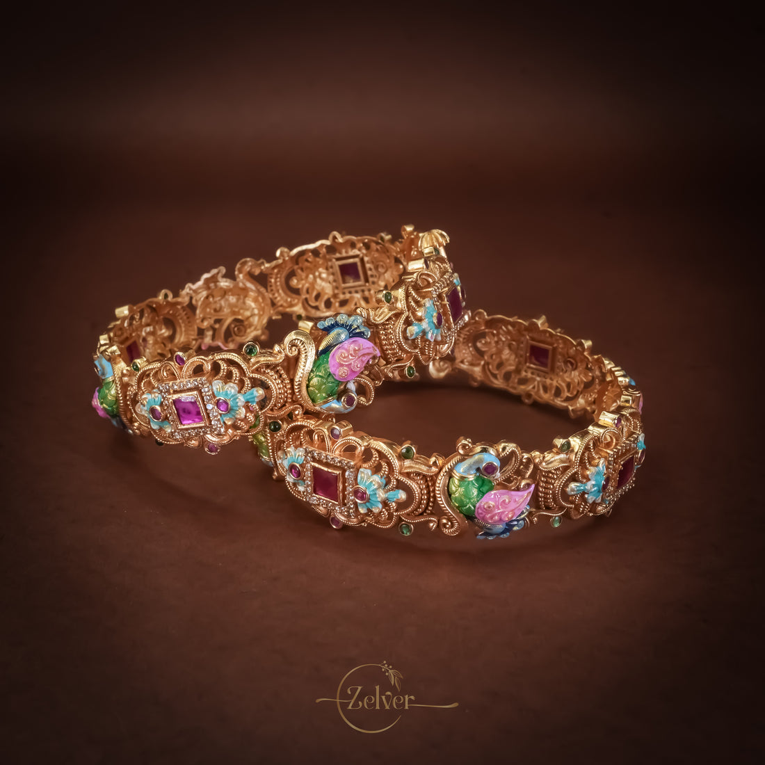 Statement Antique Gold-Plated Silver Lakshmi Motif Screw Kada with Ruby Centrepiece & Turquoise Accents - Pair
