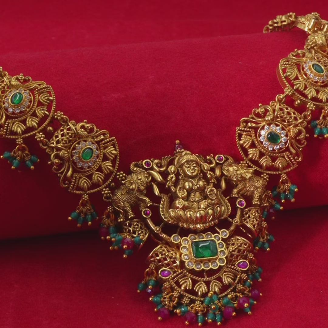 Lakshmi Temple Design Necklace in 925 Sterling Silver with Antique Gold Finish