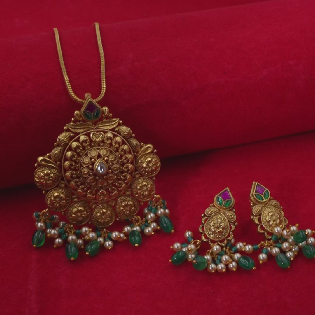 Mandala Temple Design Necklace Set in 925 Sterling Silver with Antique Gold Finish